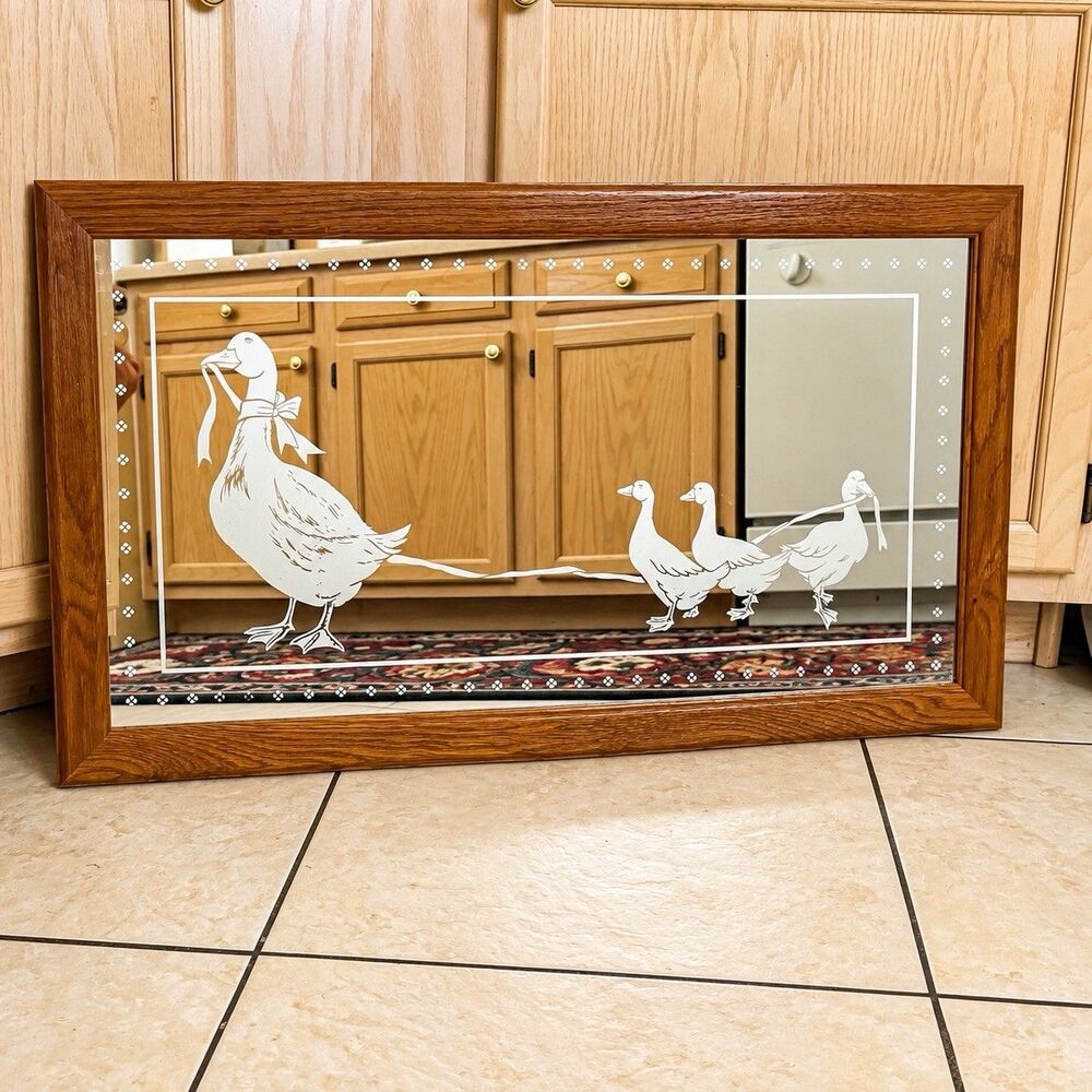 Vintage Etched Goose Family Mirror Wood Frame Cottagecore Farmhouse Wall Decor